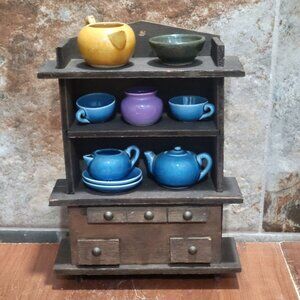 Vintage Dollhouse Miniature Wooden Cabinet Small Ceramic Dishes Pots